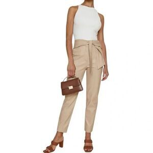 Jonathan Simkhai Tessa Vegan Leather Pants Womens 6 Tie Waist in Egret Khaki